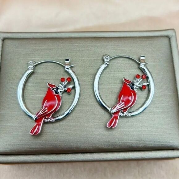 Red Cardinal Silver Hoop Earrings - Picture 1 of 6